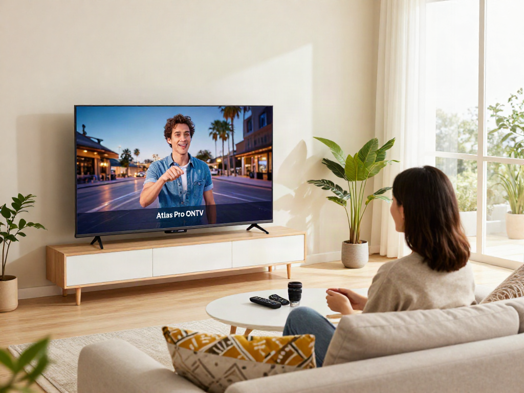 Téléchargez Atlas Pro ONTV sur un téléviseur intelligent dans un salon moderne et accueillant.