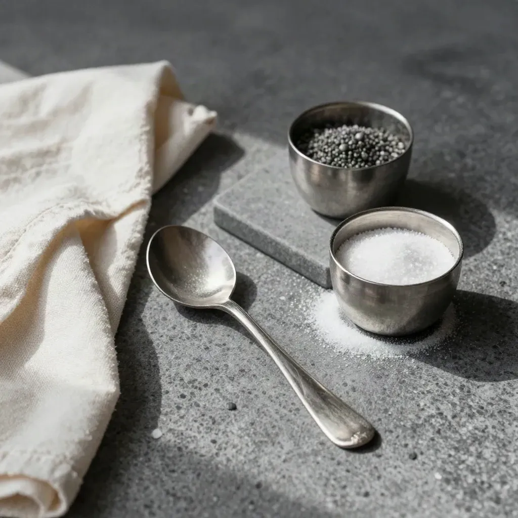 Cuillères de dégustation, sel blanc, linge brut et planche de pierre sur table minérale.