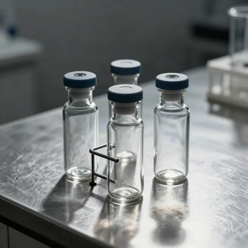 Fioles de laboratoire fumées, bouchons en caoutchouc et rack métallique sur surface gris foncé.