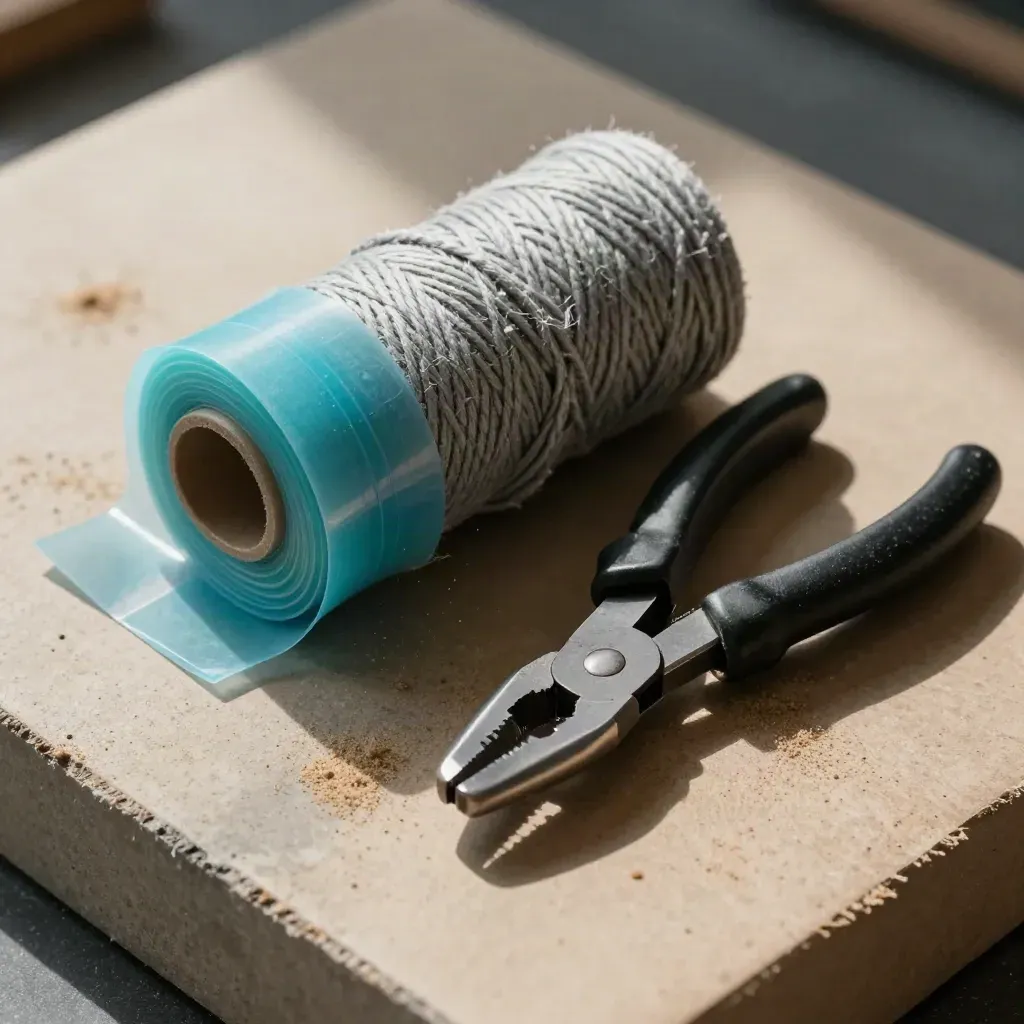 Bobine de ficelle grise, scellés cyan et pinces métalliques sur pierre mate.