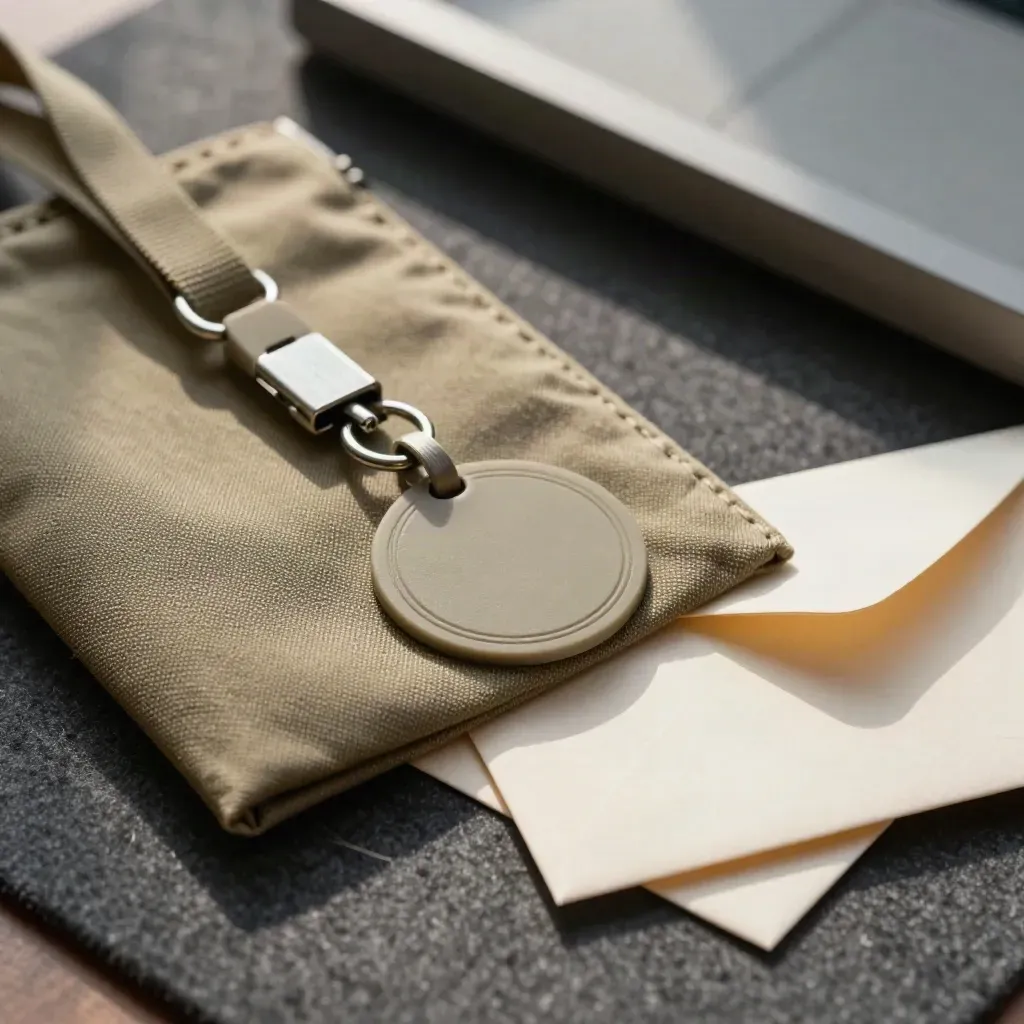 Kit d’accueil d’onboarding avec pochette, clip de lanyard, sceau rond et enveloppe retournée.