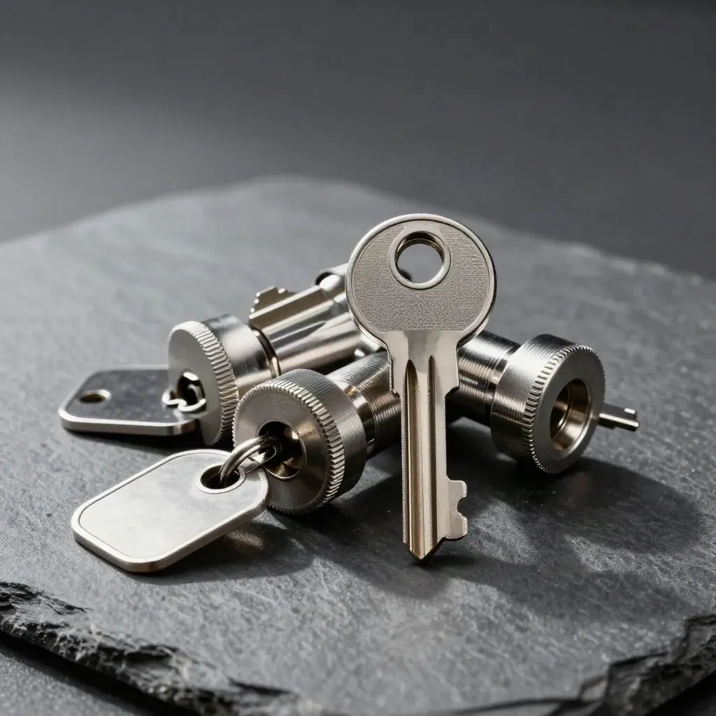 Trois cylindres de serrure en acier brossé et deux porte-clés plats sur pierre graphite.