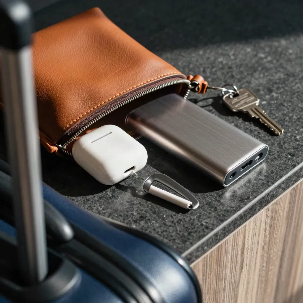 Trousse de travail de fondateur en voyage, vue à travers une poignée de valise floue.