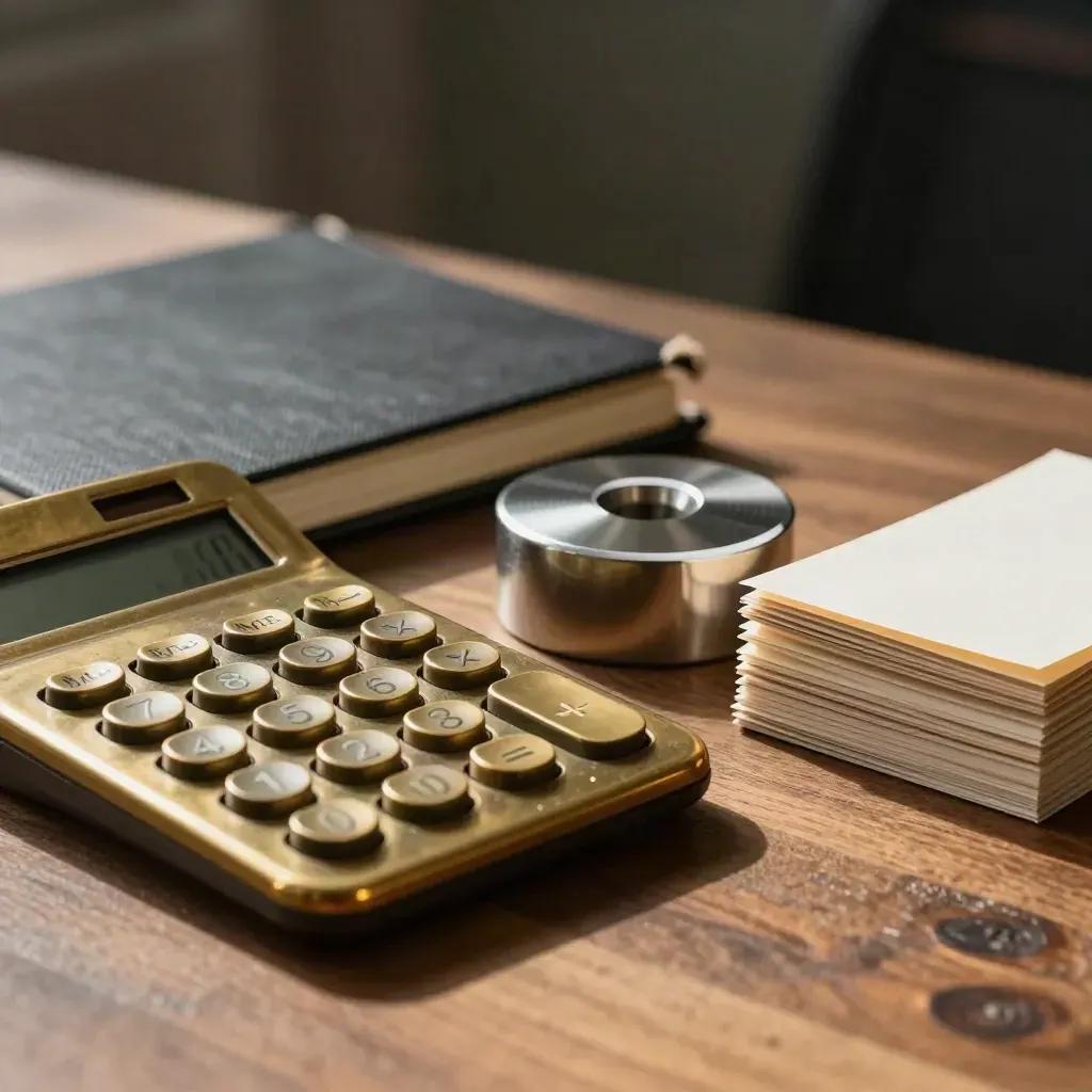 Calculatrice en laiton, carnet charbon, presse-papiers acier et cartes neutres sur surface boisée.