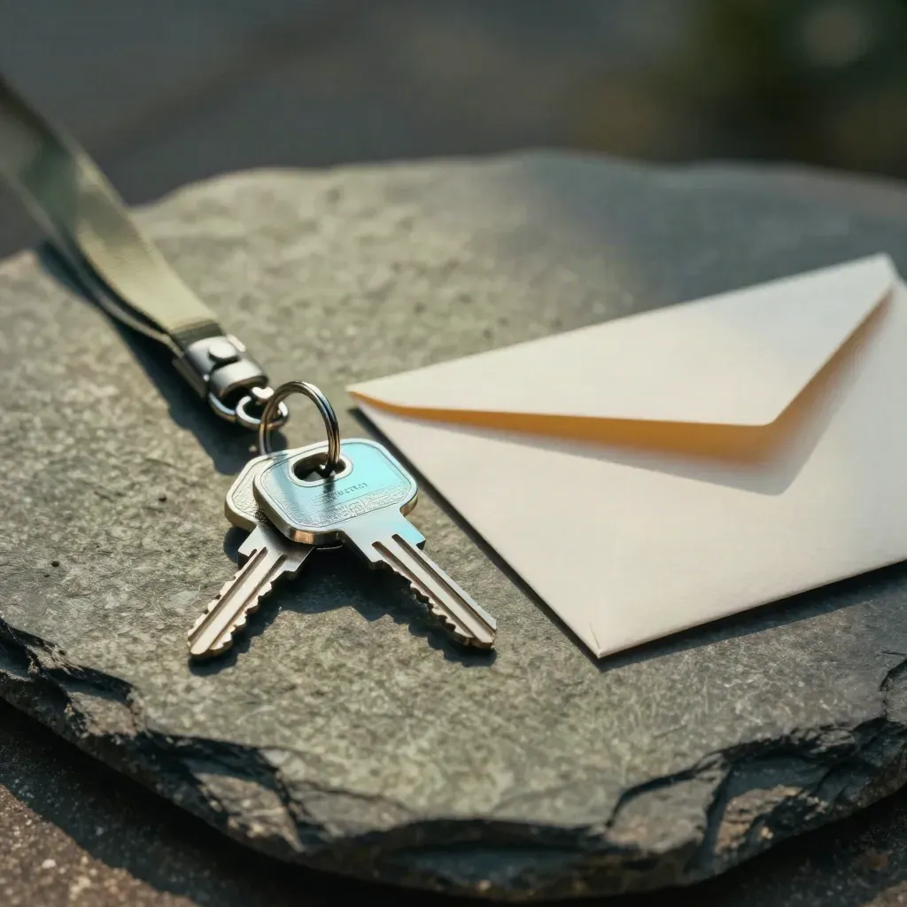 Clés d’accès, clip de lanyard et enveloppe scellée sur pierre sombre, lumière dramatique.