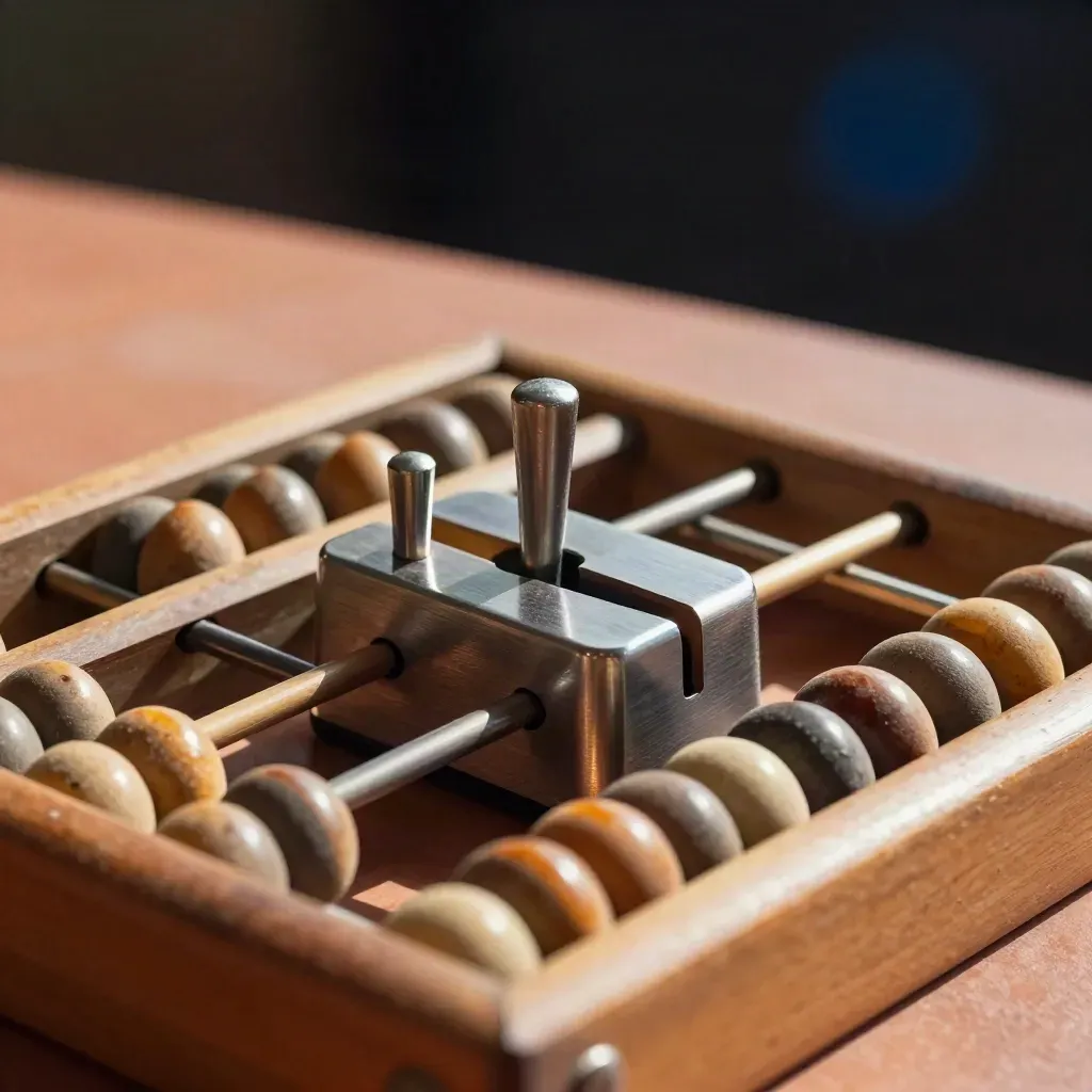 Boulier, compteur manuel et repères métalliques sur une surface terracotta, lumière douce.