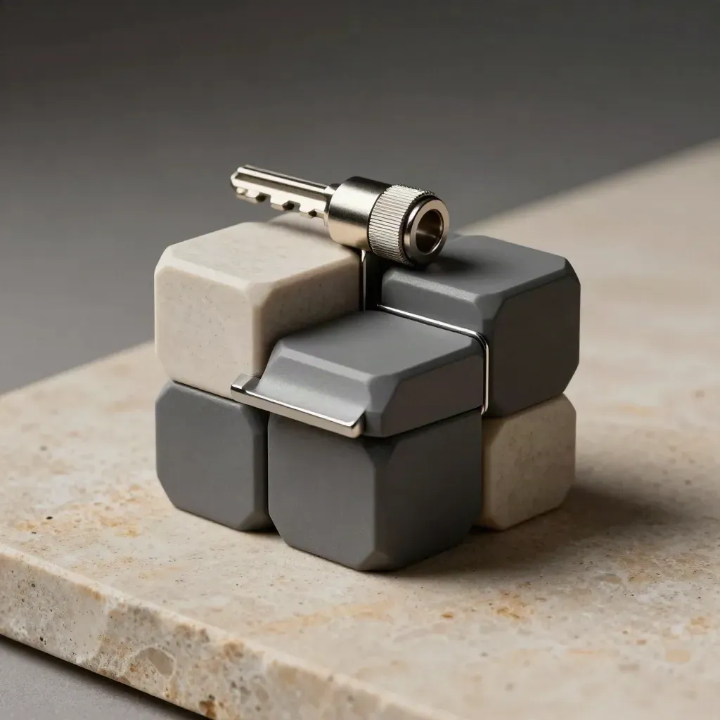 Blocs hexagonaux imbriqués, clip acier et connecteur moleté sur aluminium brossé, lumière dramatique.