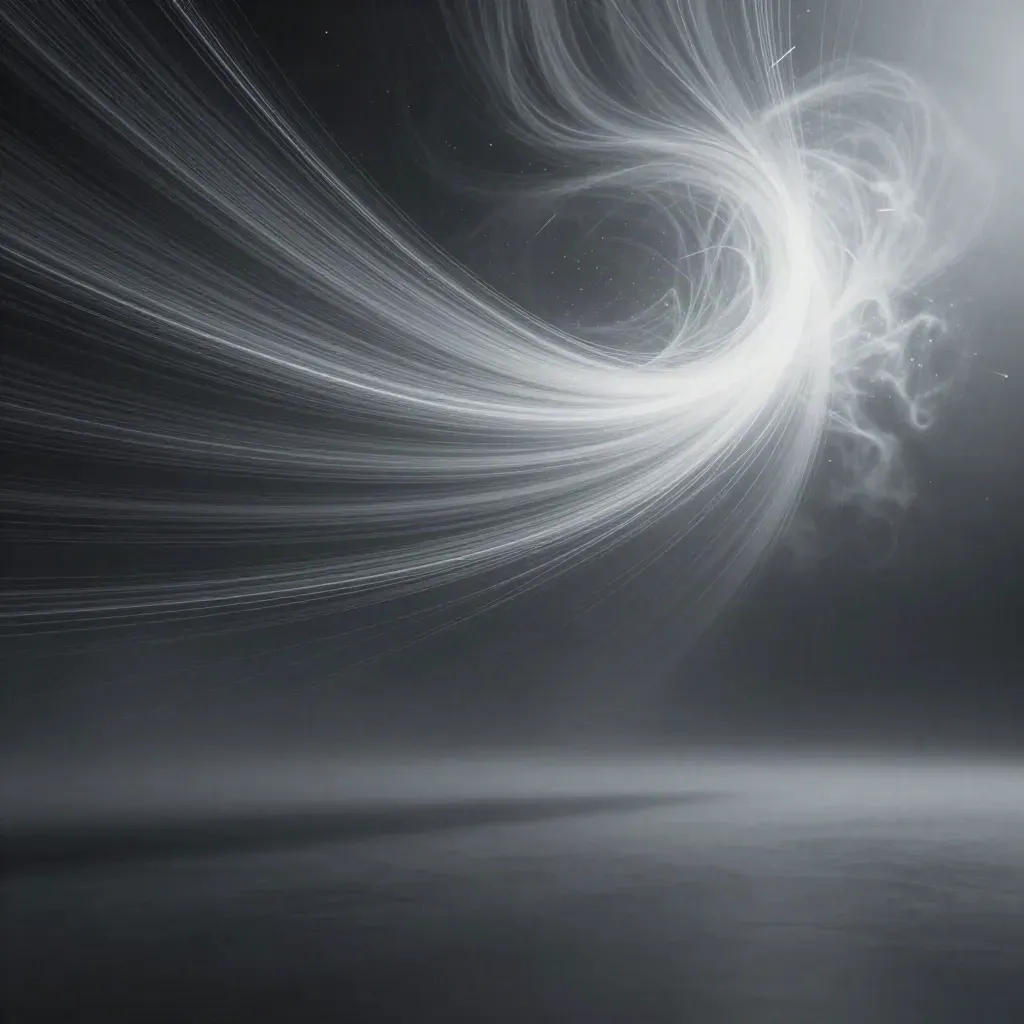 Filaments argentés dans un espace graphite, lueur blanche décentrée et brume légère.